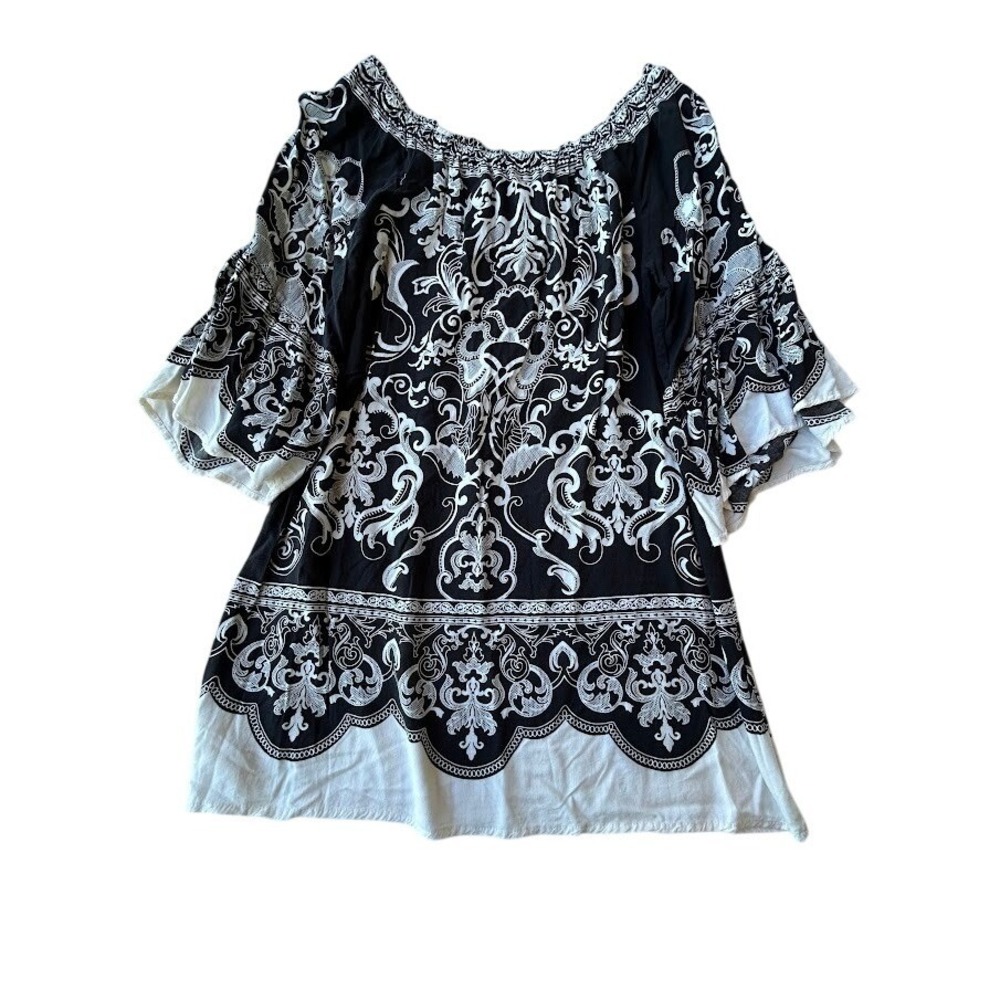 Flying Tomato Black White Damask Paisley Bell Sleeve Off Shoulder Tunic Top L - Picture 2 of 9
